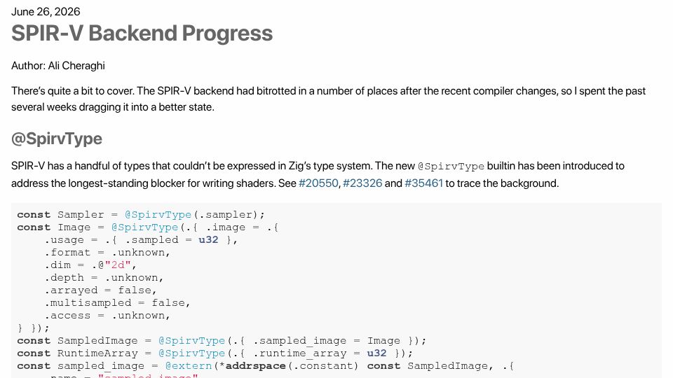 Screenshot of ziglang.org: Zig – SPIR-V Backend Progress
