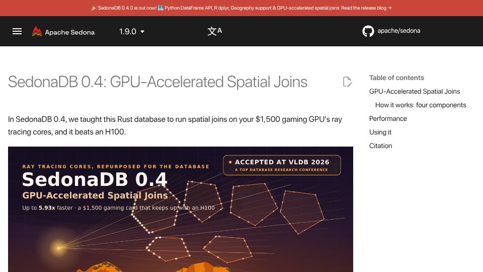 Screenshot of sedona.apache.org: SedonaDB 0.4: GPU-accelerated spatial joins