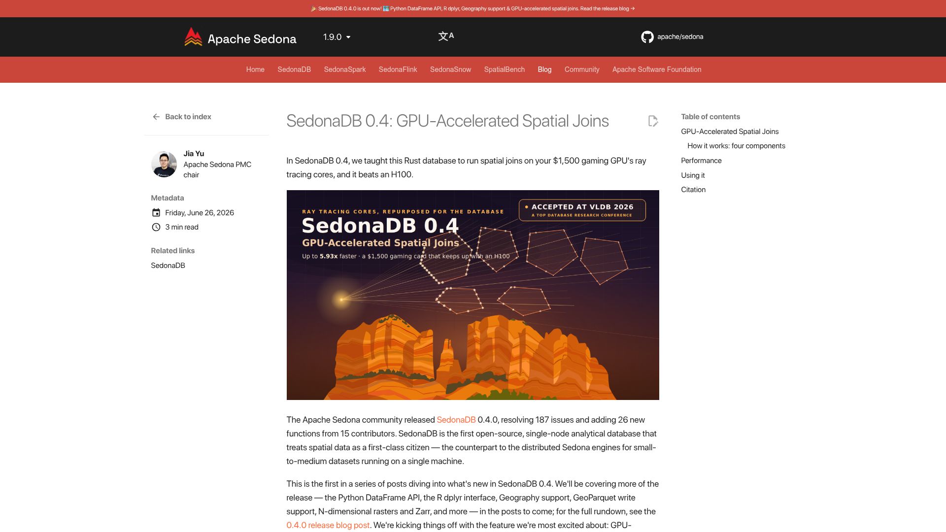 Screenshot of sedona.apache.org: SedonaDB 0.4: GPU-accelerated spatial joins