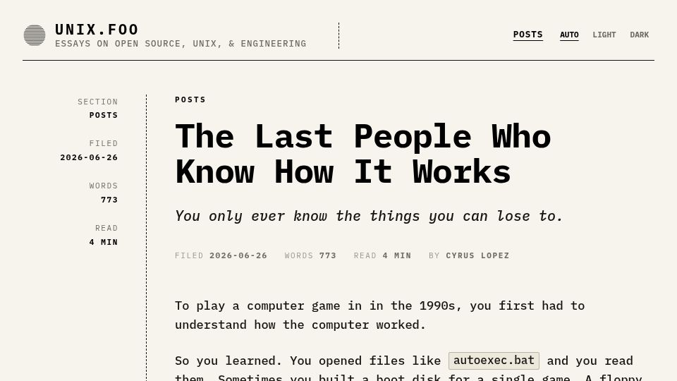 Screenshot of unix.foo: We Are the Last People Who Know How It Works