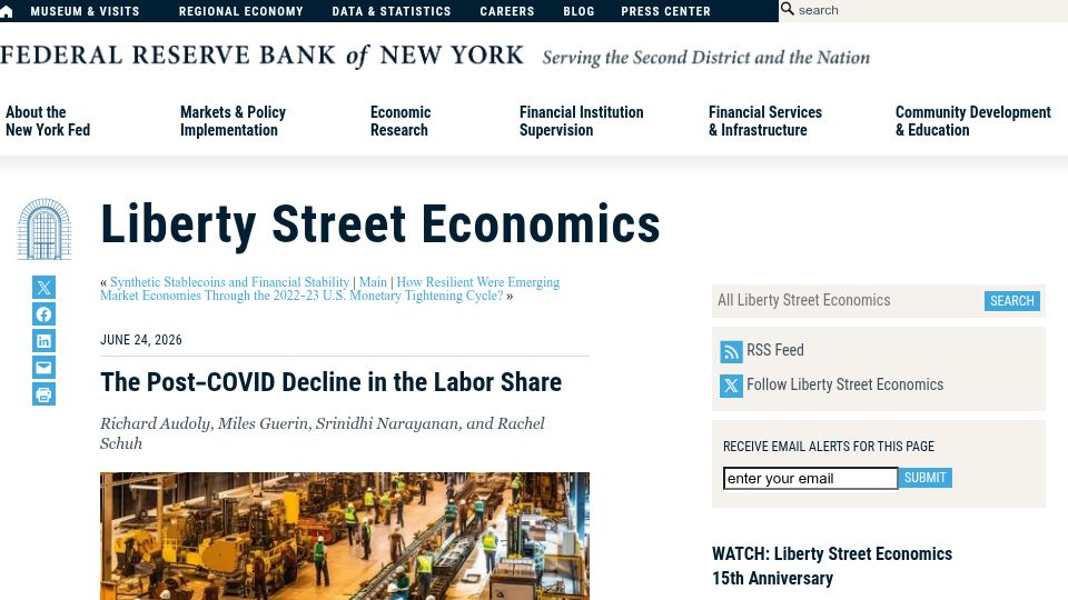 Screenshot of libertystreeteconomics.newyorkfed.org: The labor share of income in the US is at its lowest post-war level
