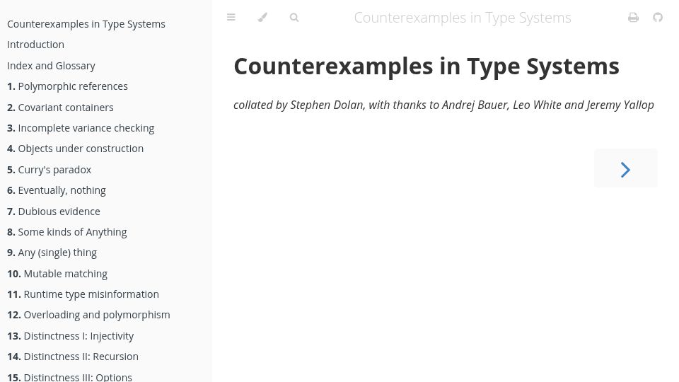 Screenshot of counterexamples.org: Counterexamples in type systems (2021)
