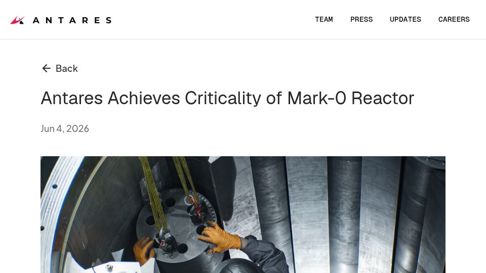 Screenshot of antaresindustries.com: Antares achieves criticality of Mark-0 reactor