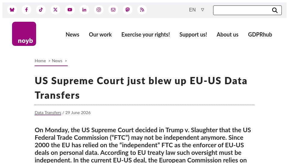Screenshot of noyb.eu: US Supreme Court Just Blew Up EU-US Data Transfers