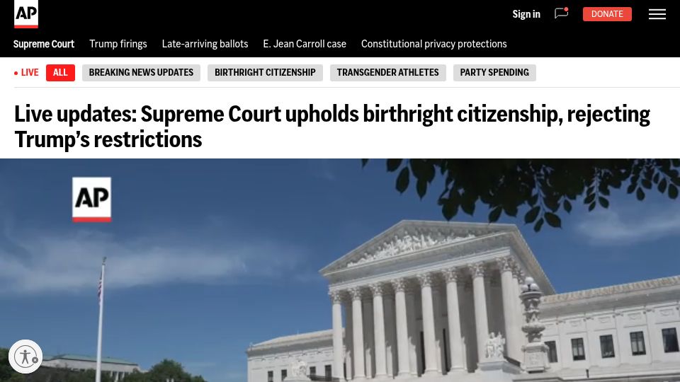Screenshot of apnews.com: Supreme Court upholds broad conception of birthright citizenship