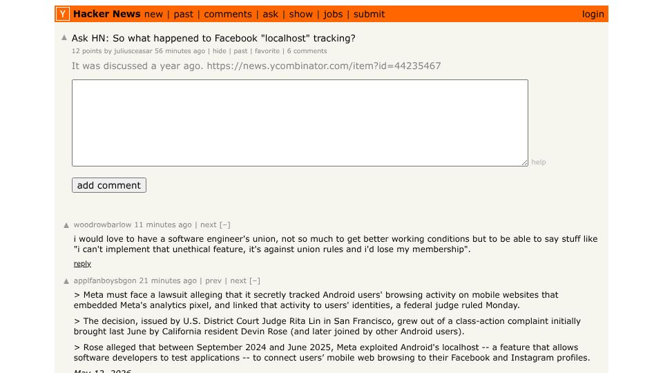 Screenshot of Hacker News post: Ask HN: So what happened to Facebook "localhost" tracking?