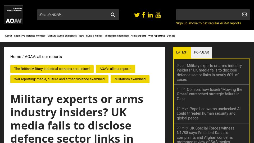 Screenshot of aoav.org.uk: UK media fails to disclose defence sector links in nearly 60% of cases