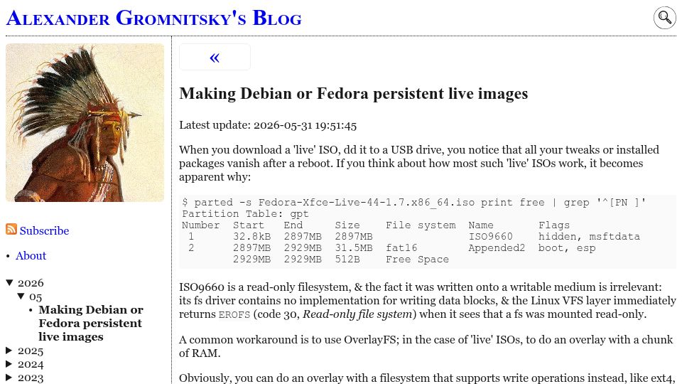 Screenshot of sigwait.org: Making Debian or Fedora persistent live images