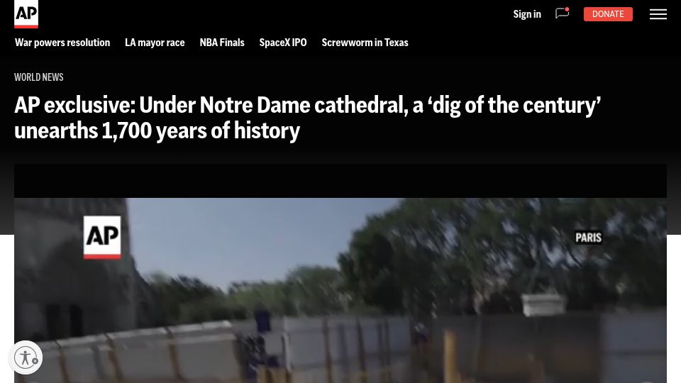 Screenshot of apnews.com: Under Notre Dame, a 'dig of the century' unearths 1,700 years of history