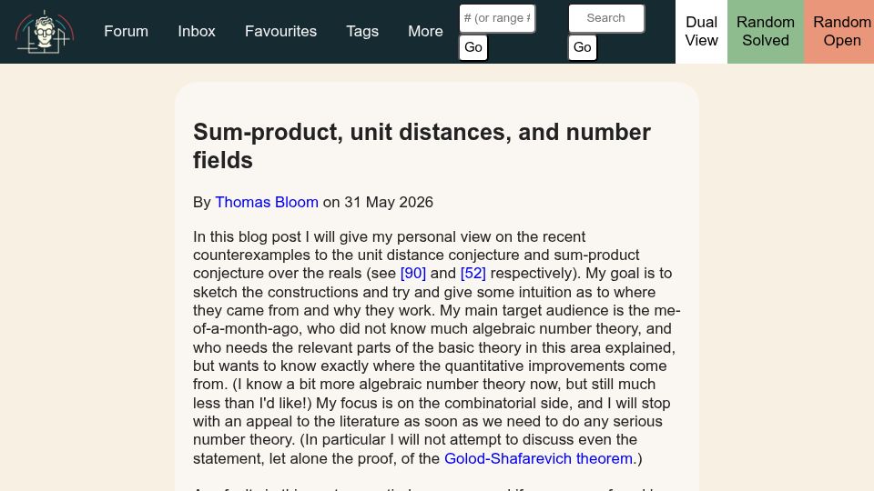 Screenshot of erdosproblems.com: Sum-product, unit distances, and number fields