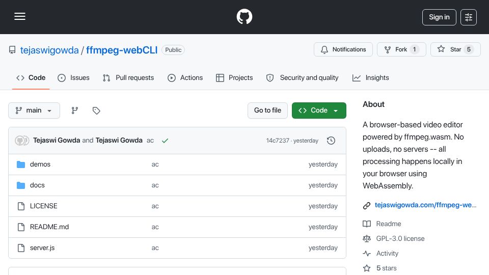 Screenshot of github.com: Show HN: FFmpeg WebCLI – Full FFmpeg in Browser, Offline PWA, No Uploads(WASM)