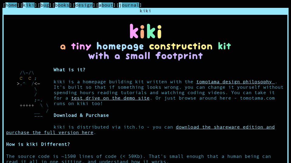 Screenshot of tomotama.com: Kiki – a tiny homepage construction kit with a small footprint