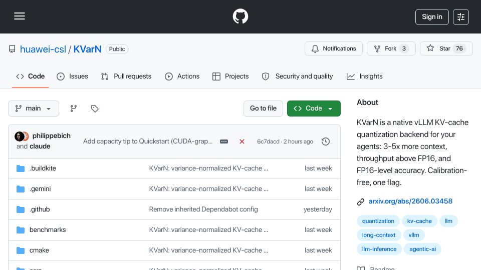 Screenshot of github.com: KVarN: Native vLLM backend for KV-cache quantization by Huawei