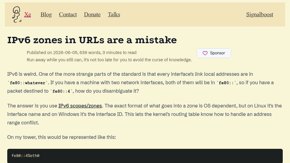 Screenshot of xeiaso.net: IPv6 zones in URLs are a mistake