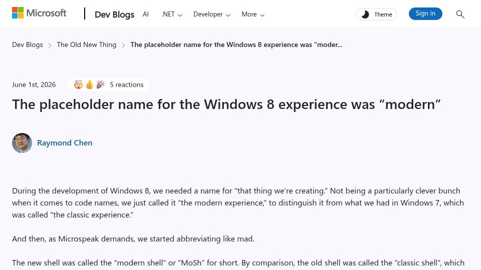 Screenshot of devblogs.microsoft.com: The placeholder name for the Windows 8 experience was "modern"