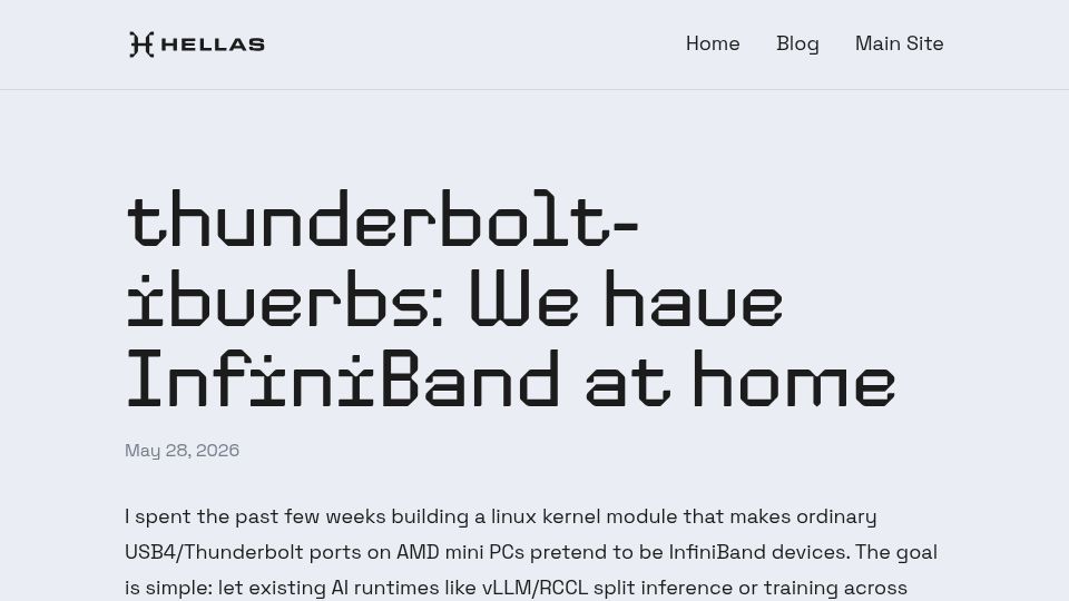 Screenshot of blog.hellas.ai: thunderbolt-ibverbs: We have InfiniBand at home