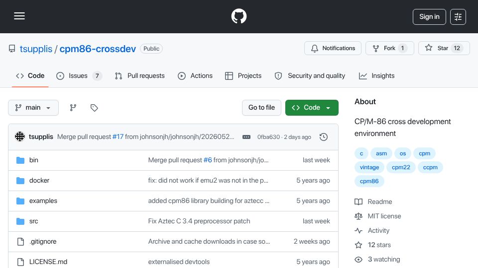 Screenshot of github.com: CP/M-86 & MS-DOS Cross Development Environment