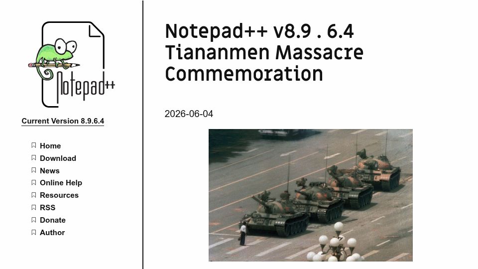 Screenshot of notepad-plus-plus.org: Notepad++ v8.9.6.4 Tiananmen Massacre Commemoration