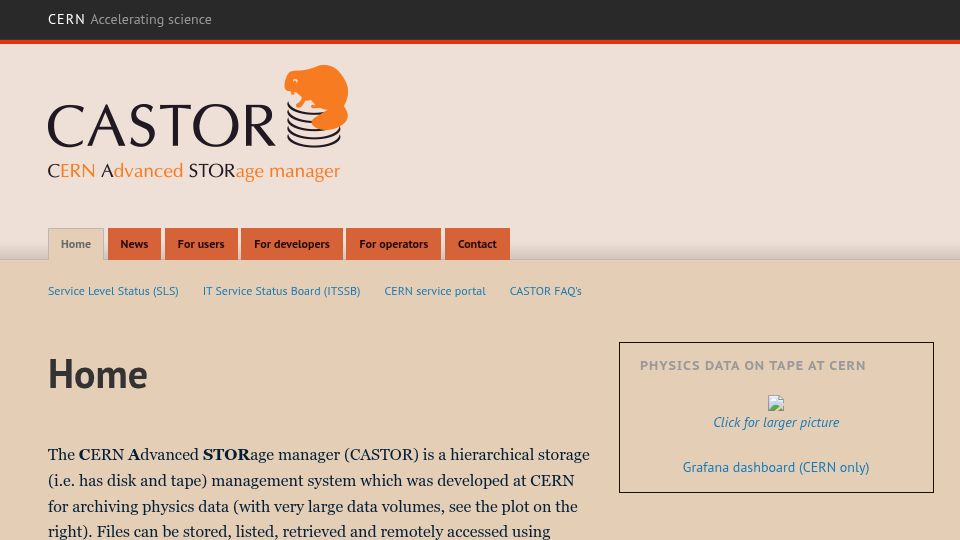 Screenshot of castor.web.cern.ch: Castor: CERN Advanced STORage Manager