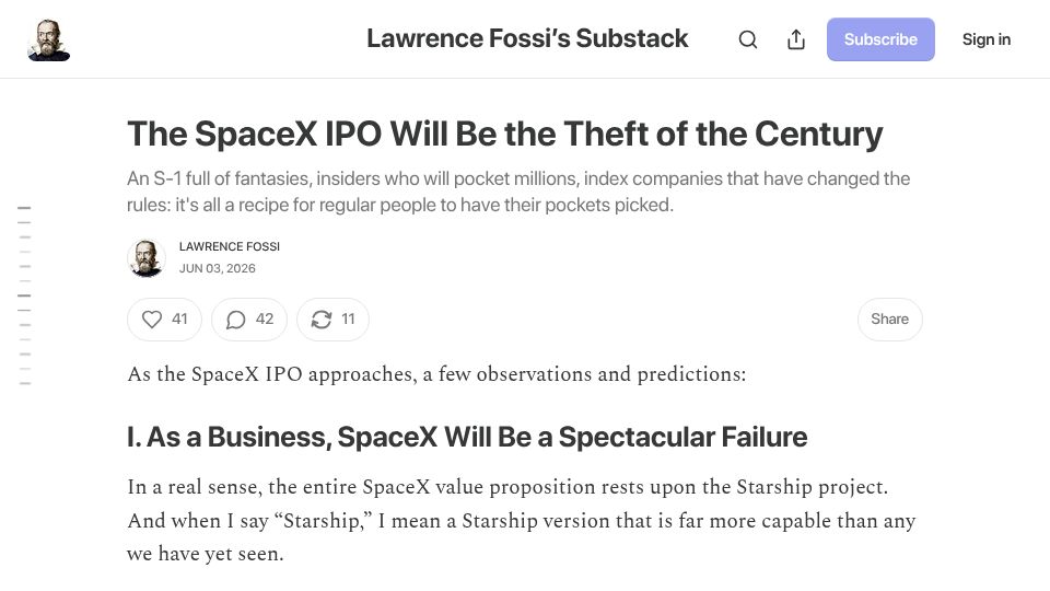Screenshot of montanaskeptic.substack.com: The SpaceX IPO Will Be the Theft of the Century