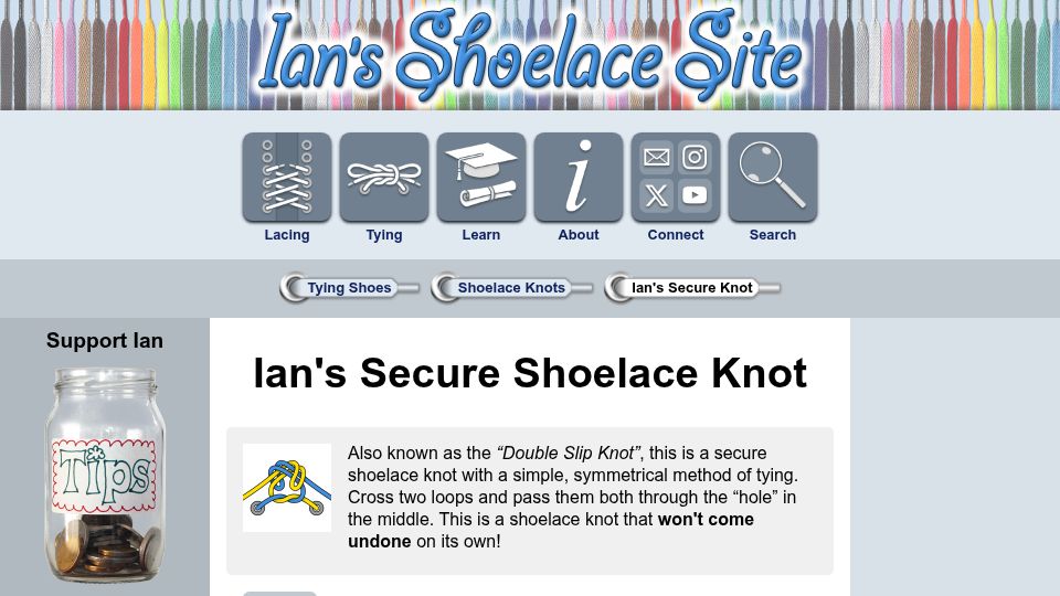 Screenshot of fieggen.com: Ian's Secure Shoelace Knot