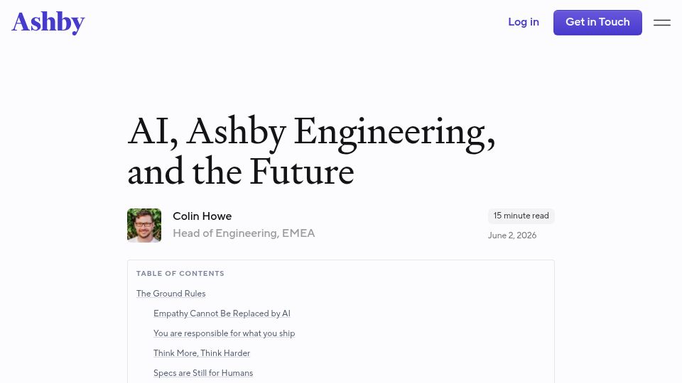 Screenshot of ashbyhq.com: AI, Ashby Engineering, and the future