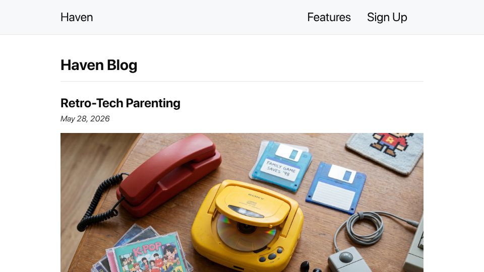 Screenshot of havenweb.org: Retro-Tech Parenting