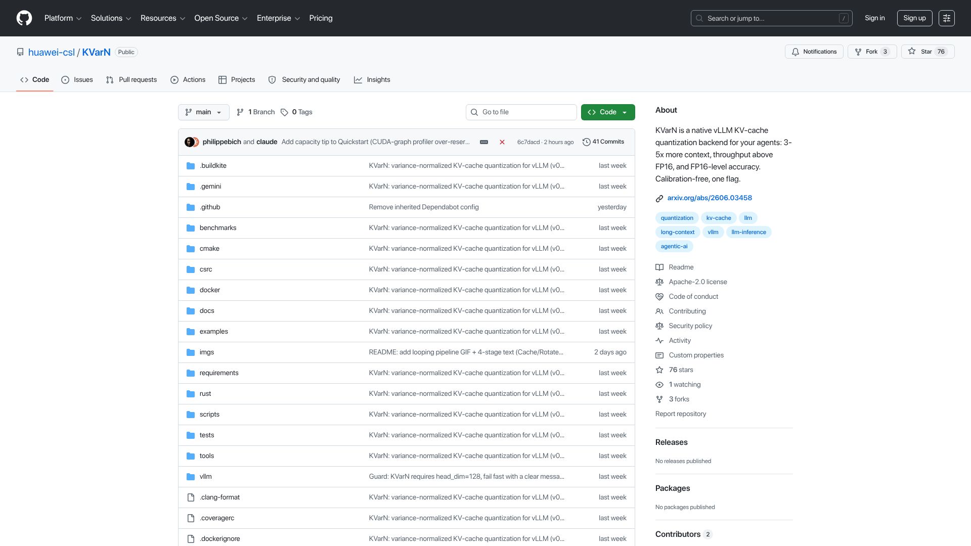 Screenshot of github.com: KVarN: Native vLLM backend for KV-cache quantization by Huawei
