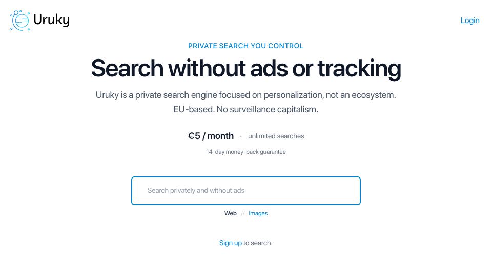 Screenshot of uruky.com: Show HN: Uruky (EU-based Kagi alternative) now has Image Search and URL Rewrites