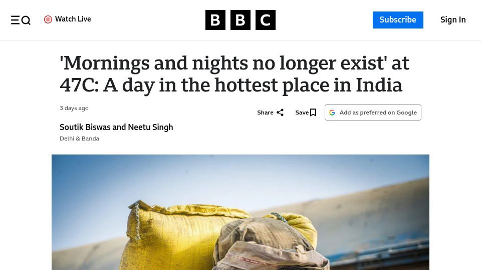 Screenshot of bbc.co.uk: Mornings and nights no longer exist at 47C: A day in the hottest place in India
