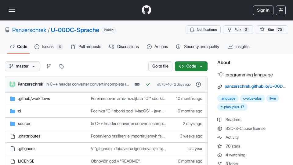 Screenshot of github.com: The Ü Programming Language