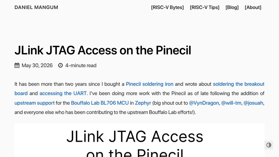 Screenshot of danielmangum.com: JLink JTAG Access on the Pinecil