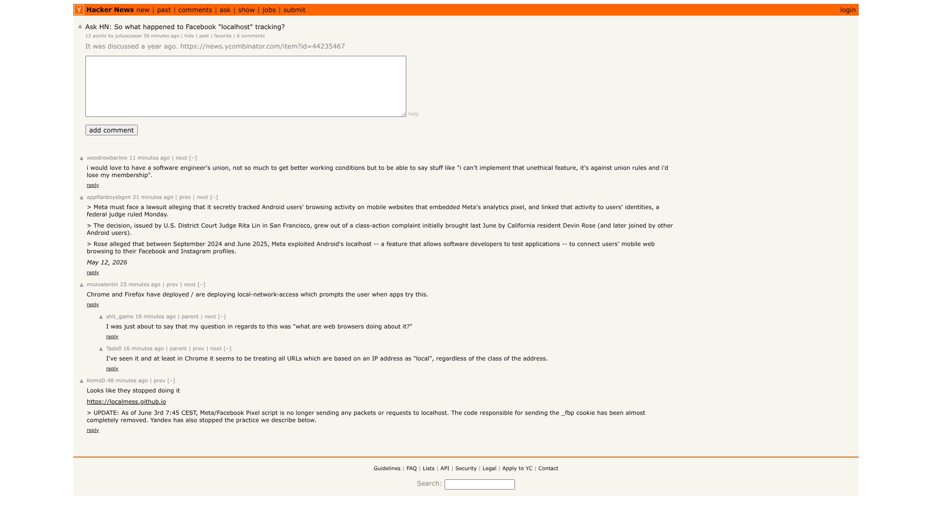 Screenshot of this Hacker News post: Ask HN: So what happened to Facebook "localhost" tracking?