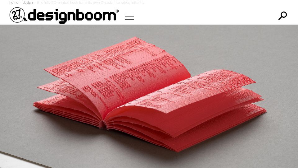 Screenshot of designboom.com: 3D-printed book turns its own G-code into raised lettering