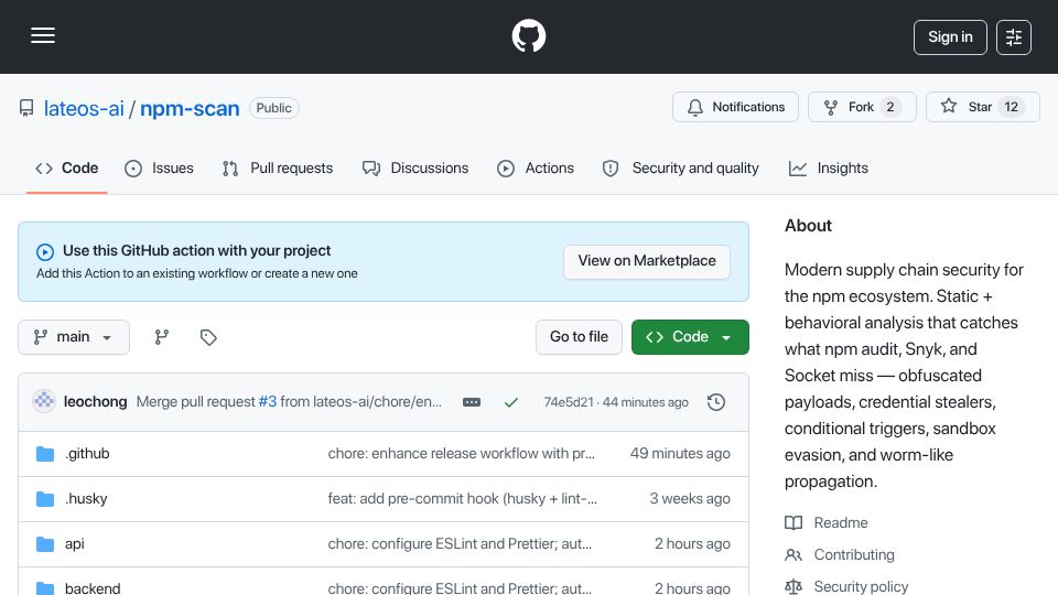 Screenshot of github.com: Npm-scan: Modern supply chain security for the npm ecosystem