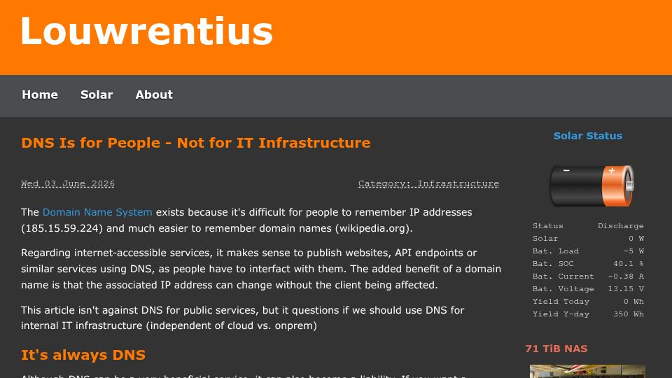 Screenshot of louwrentius.com: DNS is for people, not for IT infrastructure
