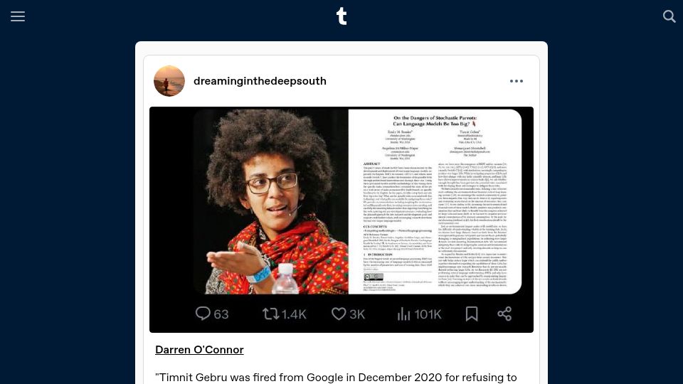 Screenshot of tumblr.com: The LLM warnings Google fired Timnit Gebru over have all come true
