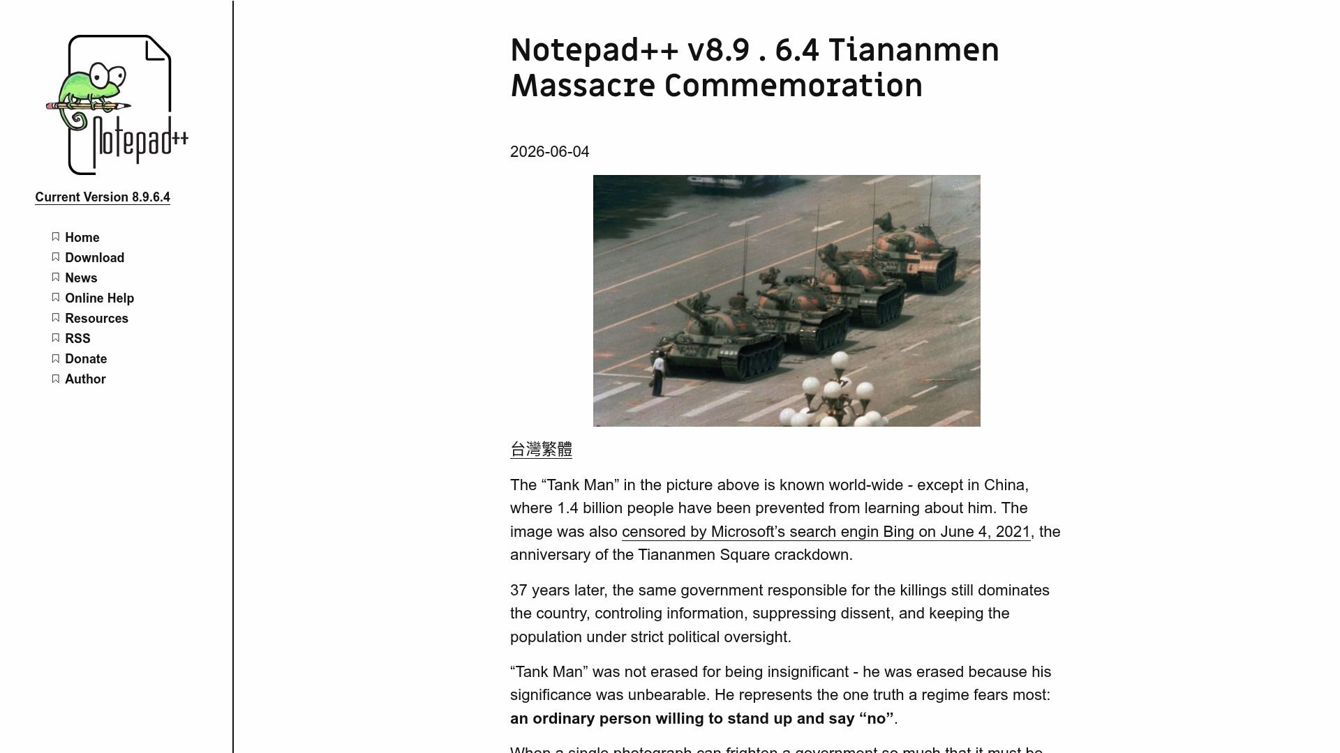 Screenshot of notepad-plus-plus.org: Notepad++ v8.9.6.4 Tiananmen Massacre Commemoration
