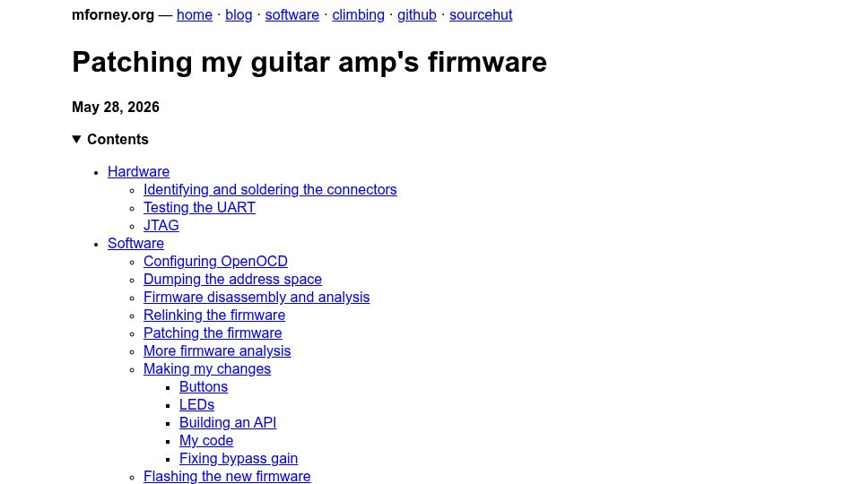 Screenshot of mforney.org: Patching my guitar amp's firmware