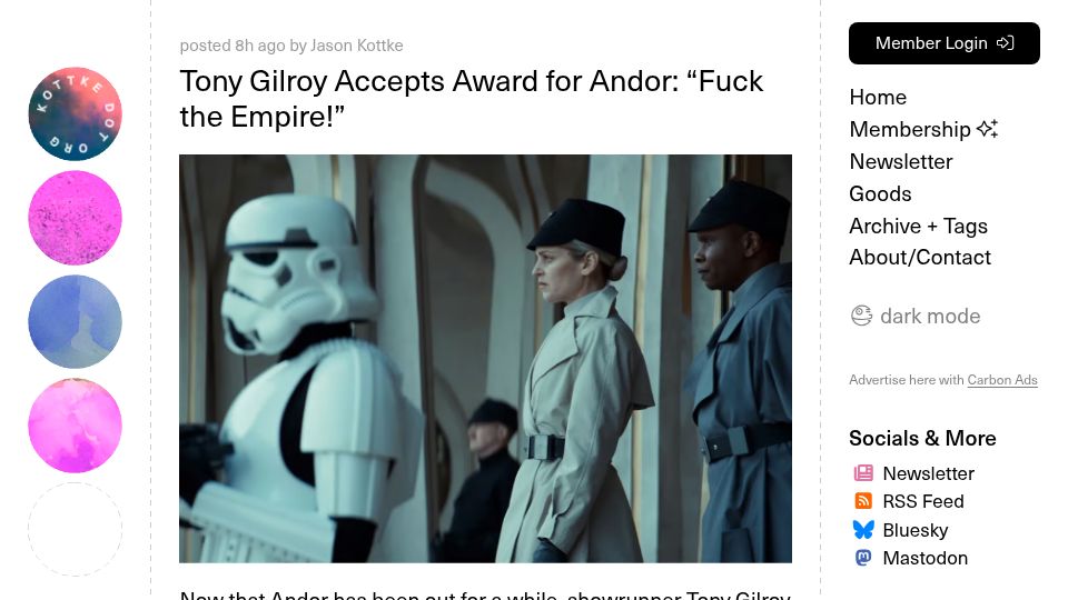 Screenshot of kottke.org: Tony Gilroy Accepts Award for Andor: "Fuck the Empire "