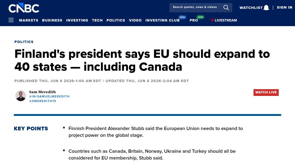 Screenshot of cnbc.com: EU should expand to 40 states – including Canada