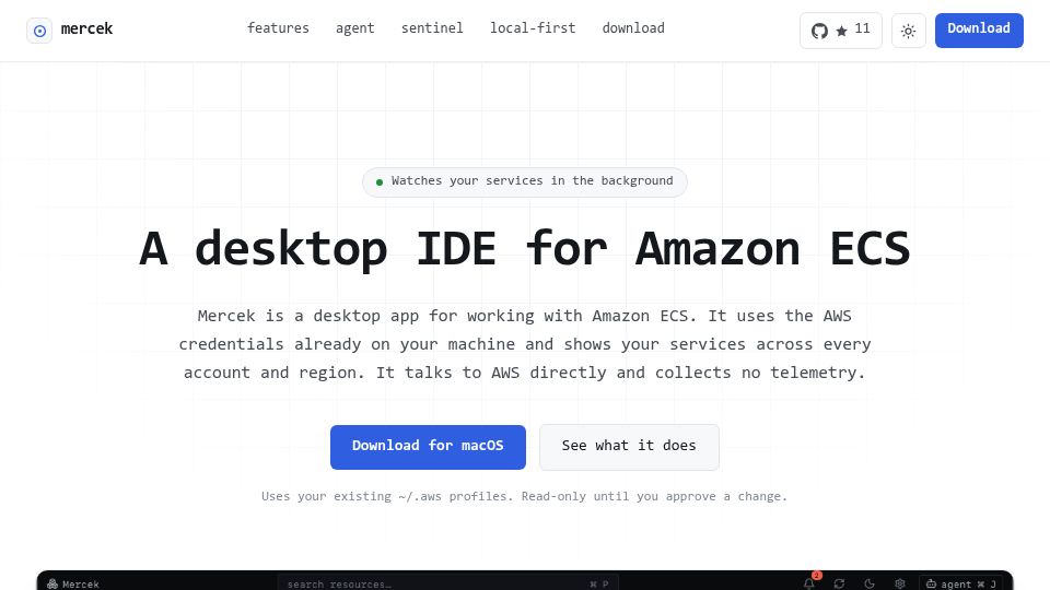 Screenshot of mercek.dev: Show HN: Mercek – A Desktop IDE for AWS ECS
