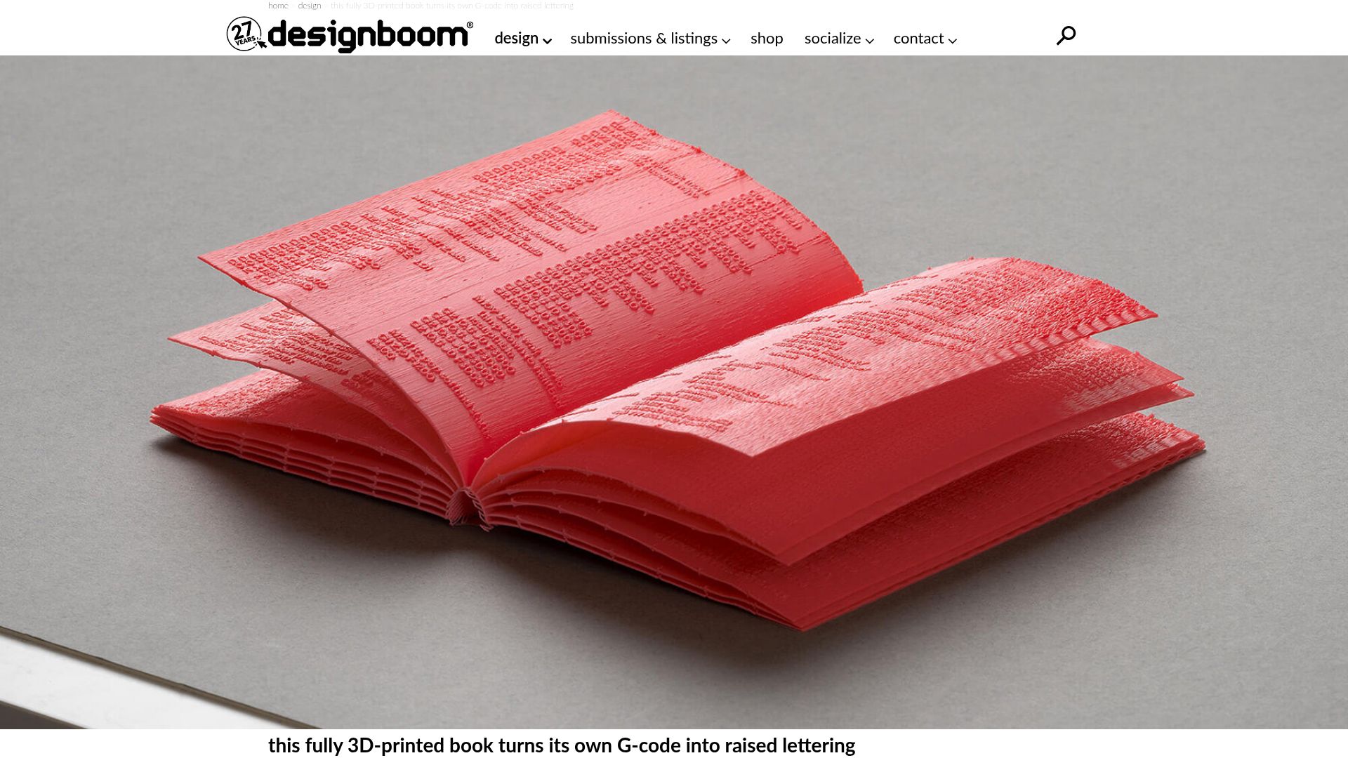 Screenshot of designboom.com: 3D-printed book turns its own G-code into raised lettering