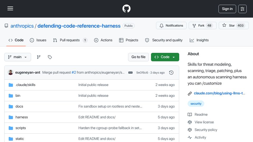 Screenshot of github.com: Anthropic's open-source framework for AI-powered vulnerability discovery