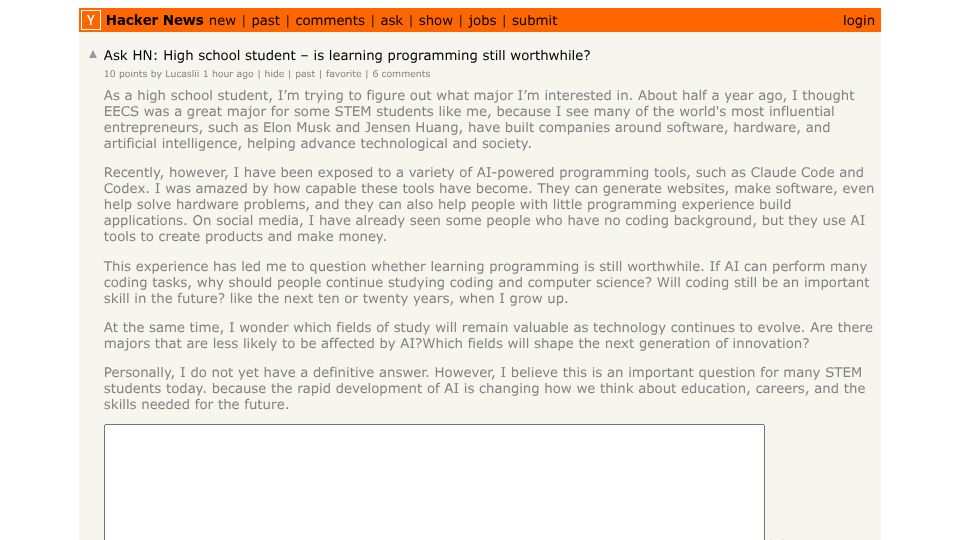 Screenshot of Hacker News post: Ask HN: High school student – is learning programming still worthwhile?