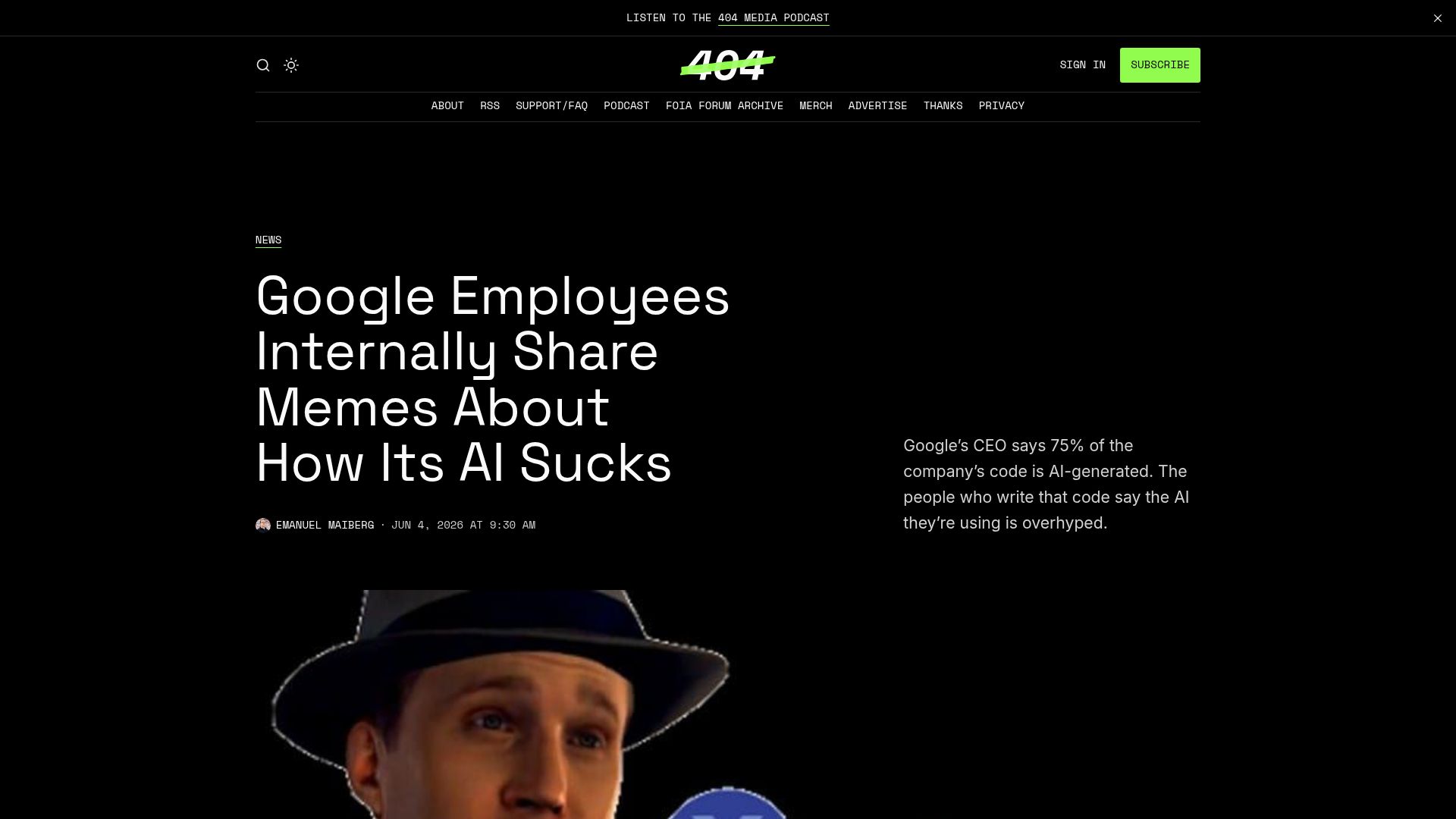Screenshot of 404media.co: Google Employees Internally Share Memes About How Its AI Sucks