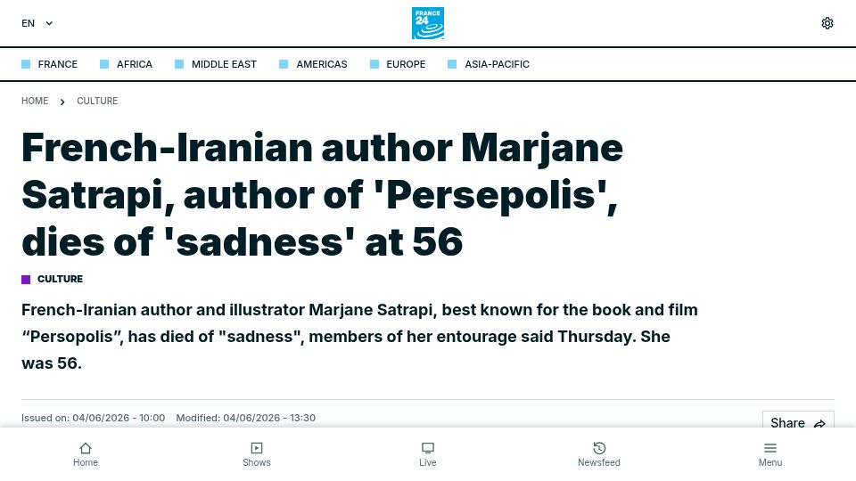 Screenshot of france24.com: French-Iranian author Marjane Satrapi, author of 'Persepolis', dies at 56