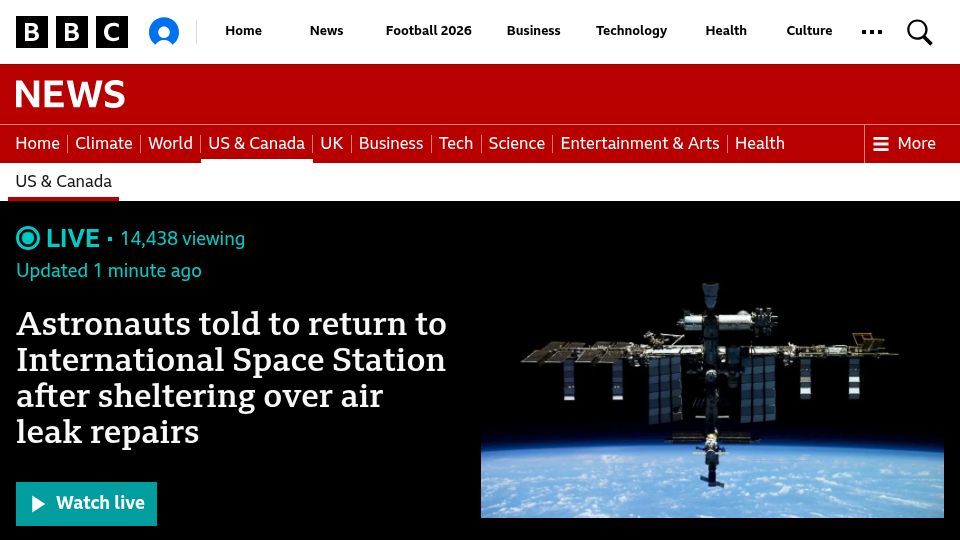 Screenshot of bbc.com: Astronauts told to return to ISS after sheltering over air leak repairs
