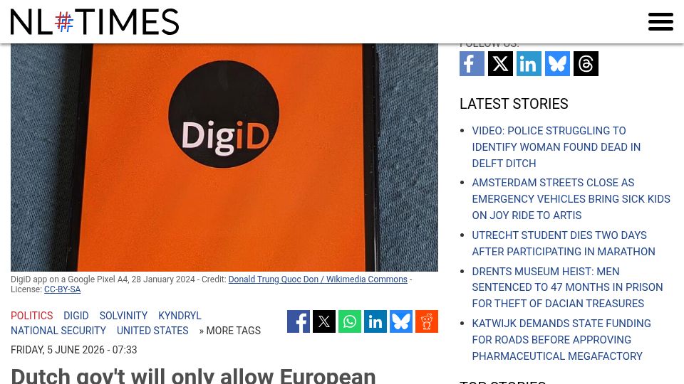Screenshot of nltimes.nl: Dutch gov't will only allow European company to operate DigiD platform