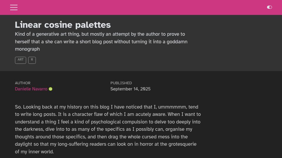 Screenshot of blog.djnavarro.net: Linear Cosine Palettes(2025)